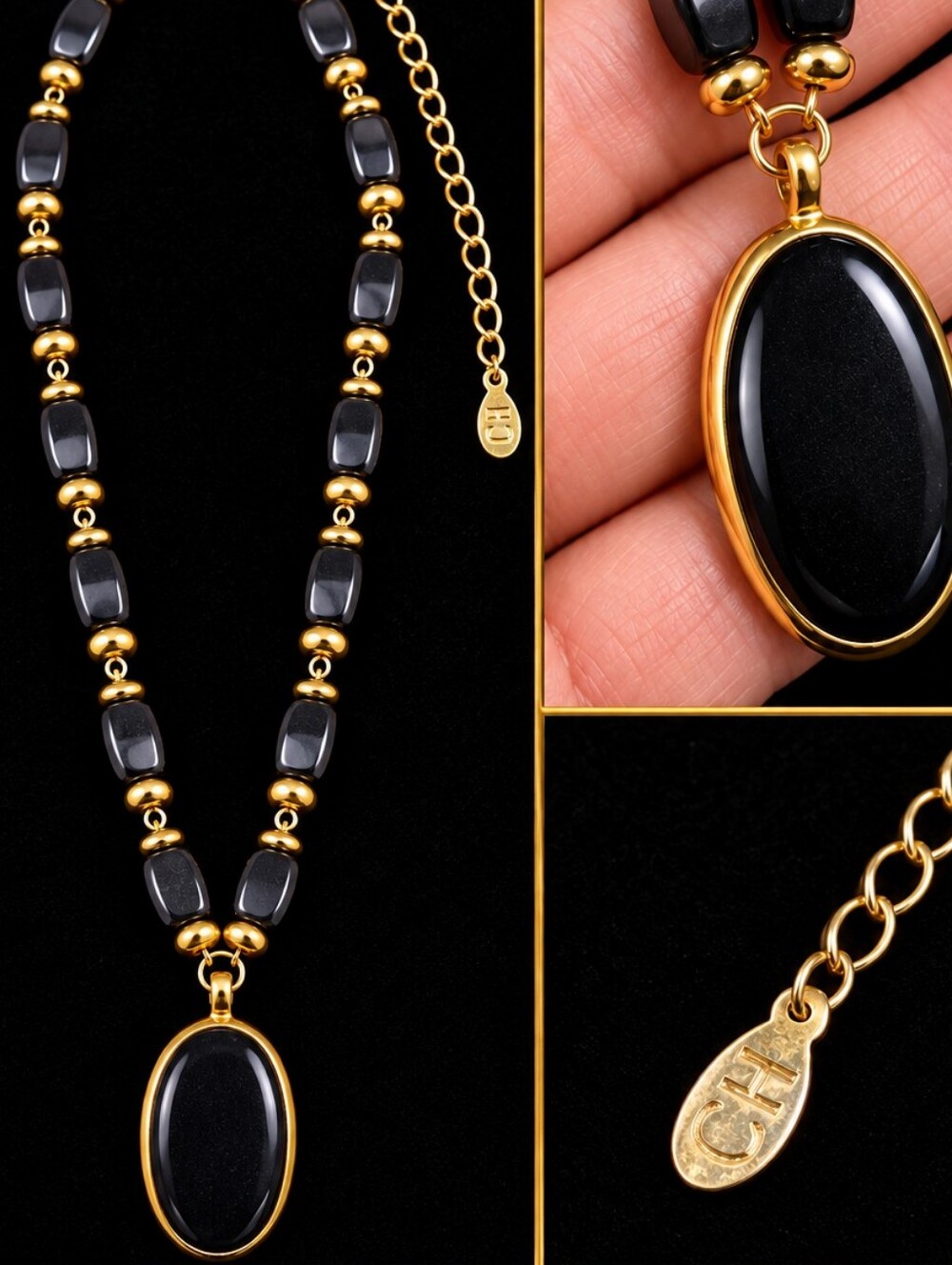 CAROLINA HERRERA Vintage 80s Black Beaded Gold Tone Oval Pendant Necklace